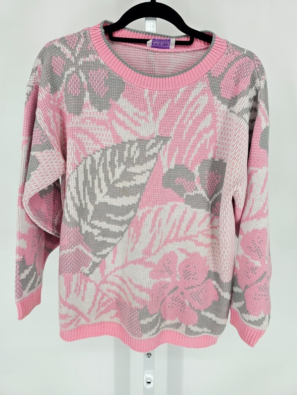Vintage 1980s Arielle Womens Sz L Knit Sweater Pink Gray Leaf Print